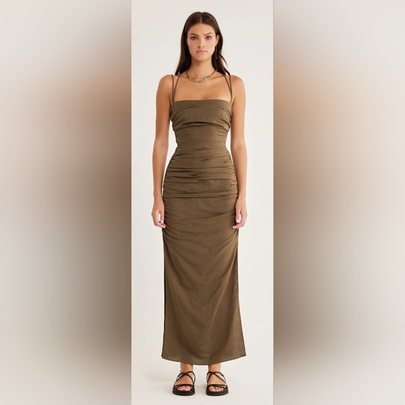 NWT RUMER Dress | Size S | The Mecca Midi in Mocha | Cinched Sides | Sid… - Picture 1 of 13